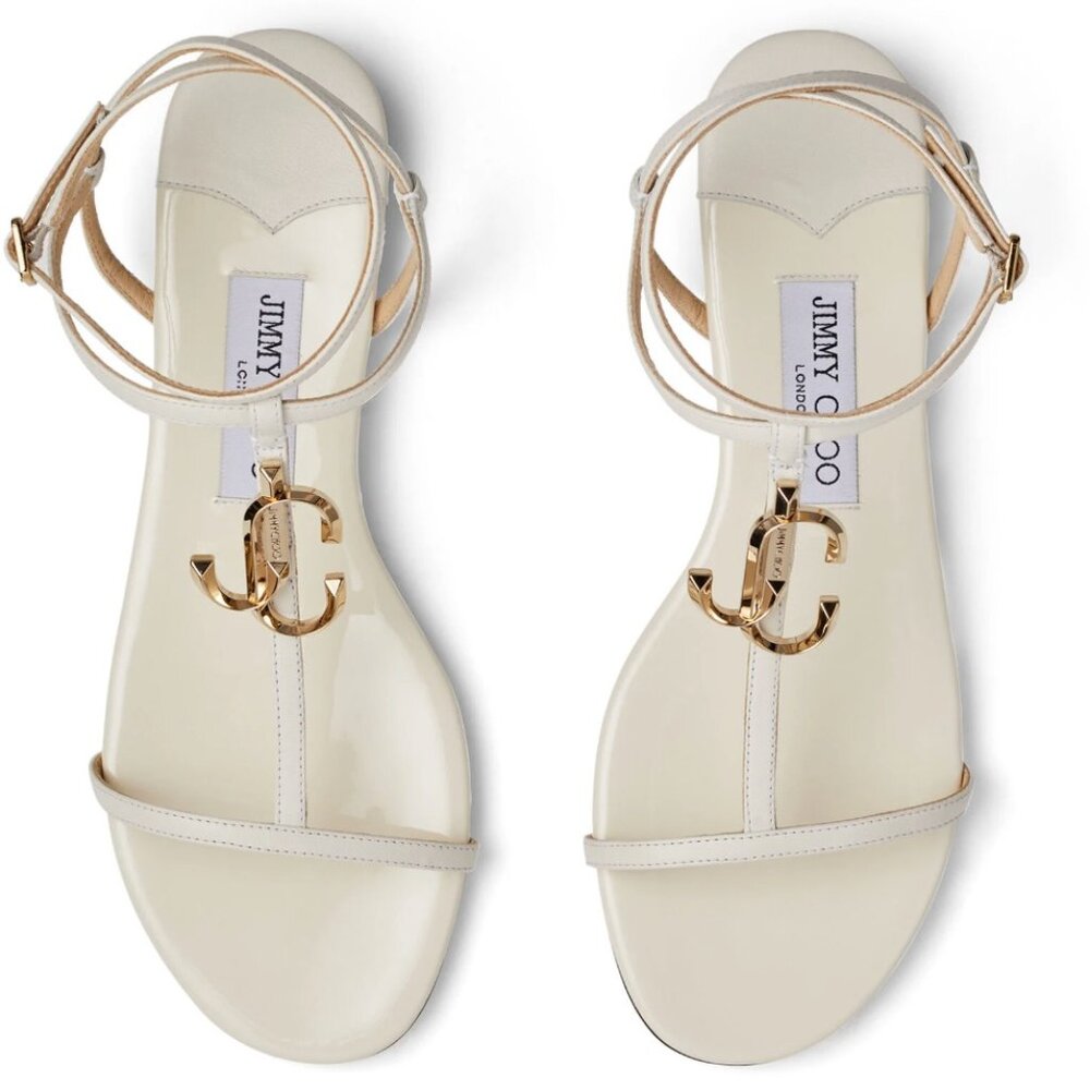 Jimmy Choo JC Logo Flat Sandals Ivory Leather Size 38 IT